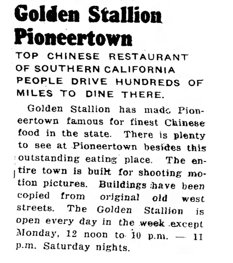1953 Golden Stallion Restaurant advertisement
