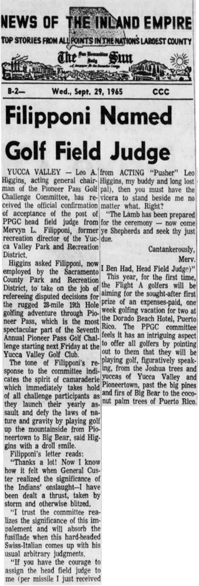 Sept. 29, 1965 - The San Bernardino County Sun article clipping