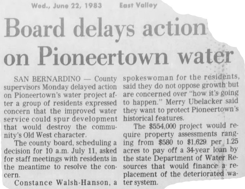 June 22, 1983 clipping = Pioneetown water