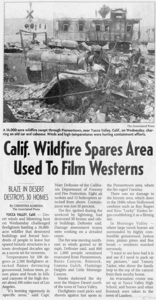 CA wildfire spares Pioneertown newspaper clipping