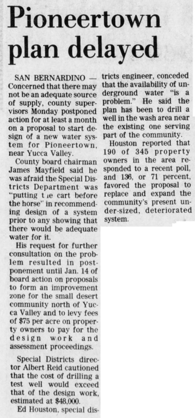 Pioneertown plan delyed article clipping