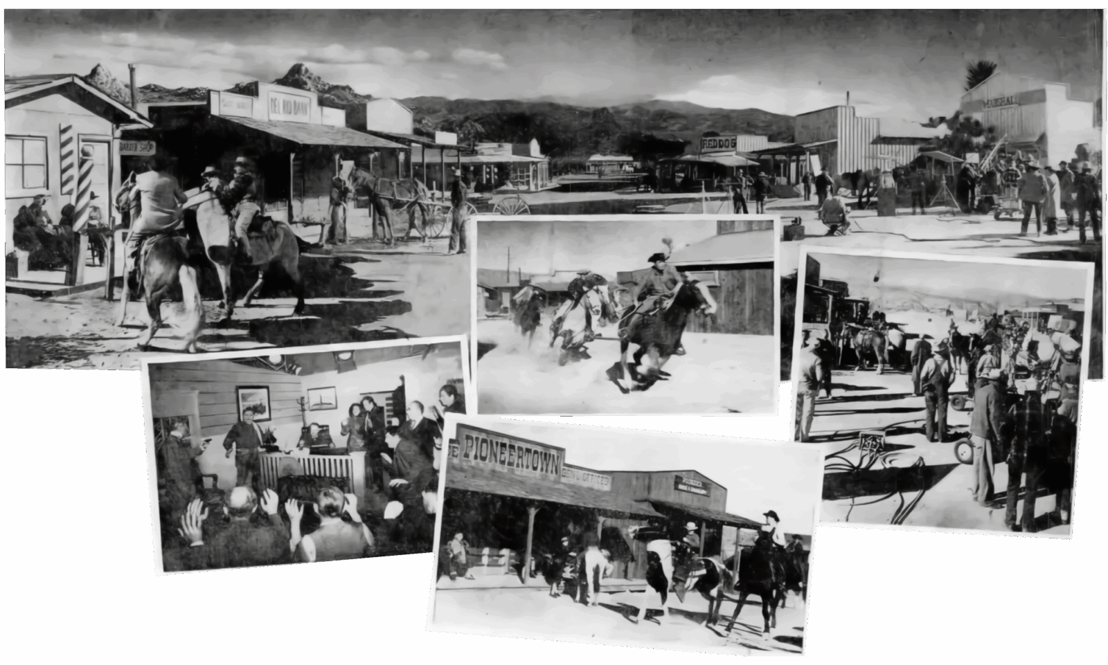 MADE TO ORDER – The builders of Pioneertown were a group of idealistic filmies who wanted to live and work together. Result is this practical 40-acre "set" in San Bernardino Mountains. Cisco Kid company, first in action there, is shown at lower right of panorama of town an in pictures at sides. That's Leo Carrillo in front of painting at left of bank scene. Situation opens up new scenic vistas for camera. Boom began for this two-year-old community when location hunters "rediscovered" Pioneertown, got 25-year film franchise.