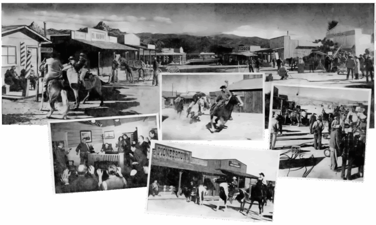 MADE TO ORDER – The builders of Pioneertown were a group of idealistic filmies who wanted to live and work together. Result is this practical 40-acre "set" in San Bernardino Mountains. Cisco Kid company, first in action there, is shown at lower right of panorama of town an in pictures at sides. That's Leo Carrillo in front of painting at left of bank scene. Situation opens up new scenic vistas for camera. Boom began for this two-year-old community when location hunters "rediscovered" Pioneertown, got 25-year film franchise.