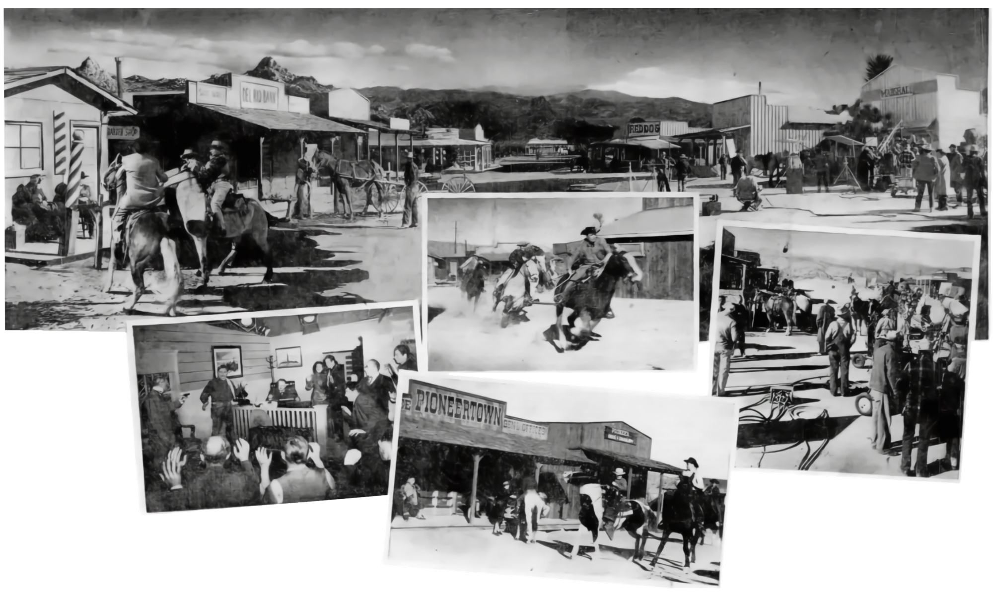 MADE TO ORDER – The builders of Pioneertown were a group of idealistic filmies who wanted to live and work together. Result is this practical 40-acre "set" in San Bernardino Mountains. Cisco Kid company, first in action there, is shown at lower right of panorama of town an in pictures at sides. That's Leo Carrillo in front of painting at left of bank scene. Situation opens up new scenic vistas for camera. Boom began for this two-year-old community when location hunters "rediscovered" Pioneertown, got 25-year film franchise.
