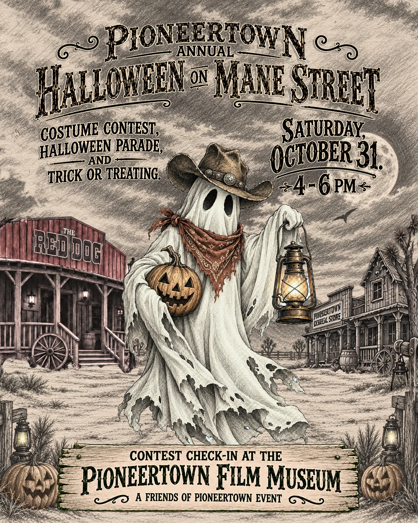 poster for Halloween on Mane Street. Ghost with lantern and a cowboy hat